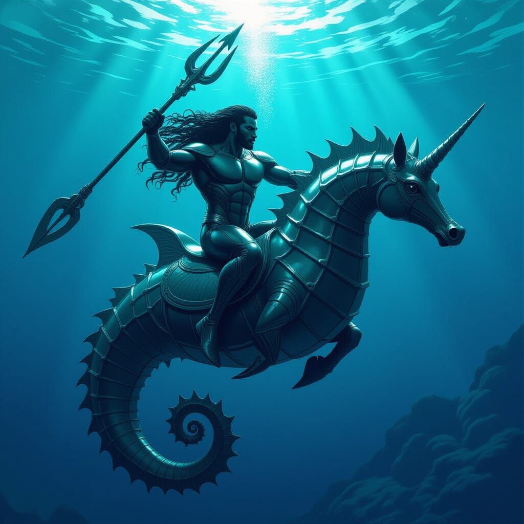 Futuristic Black Aquaman on Seahorse with Triton