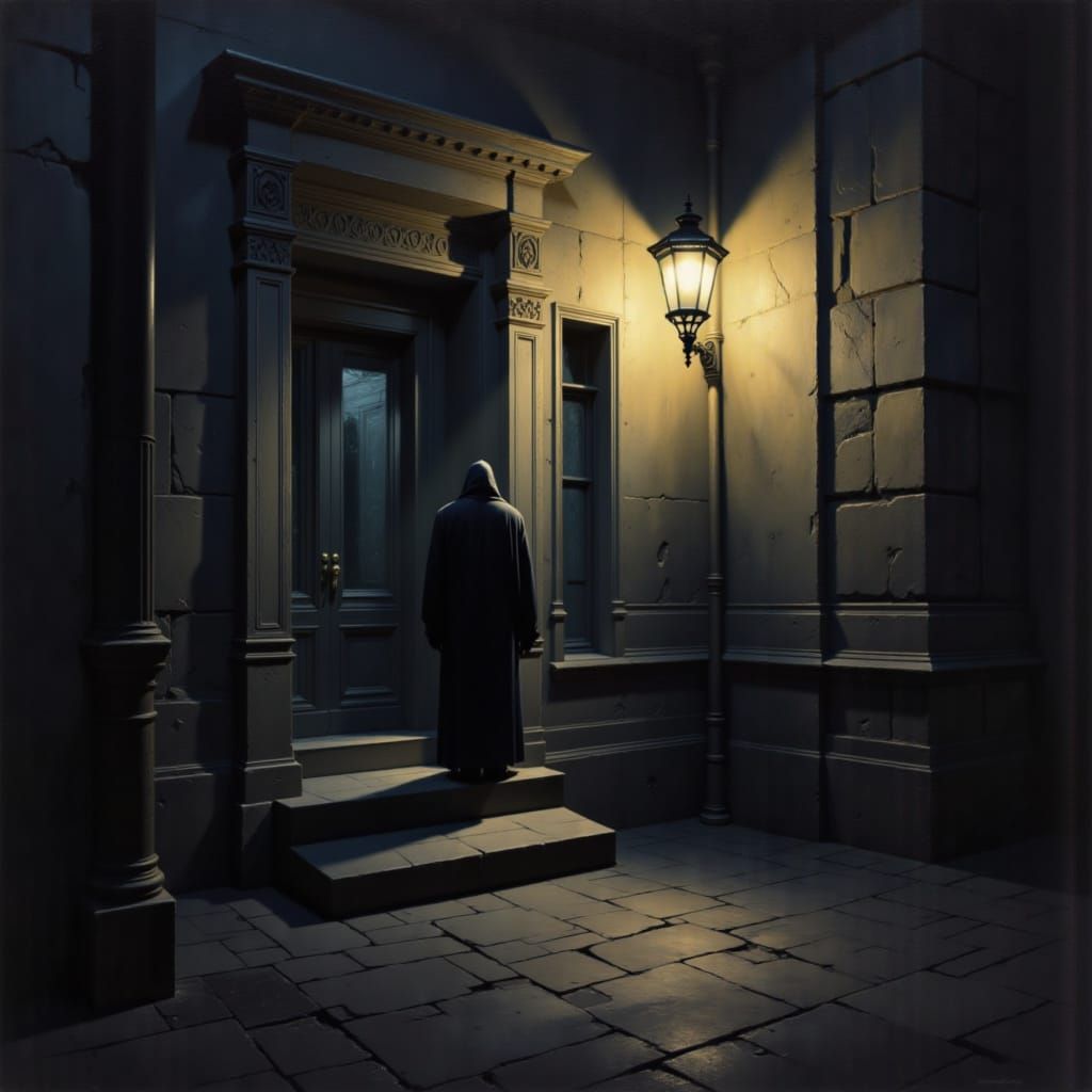 Shadowed Figure on Doorstep at Night