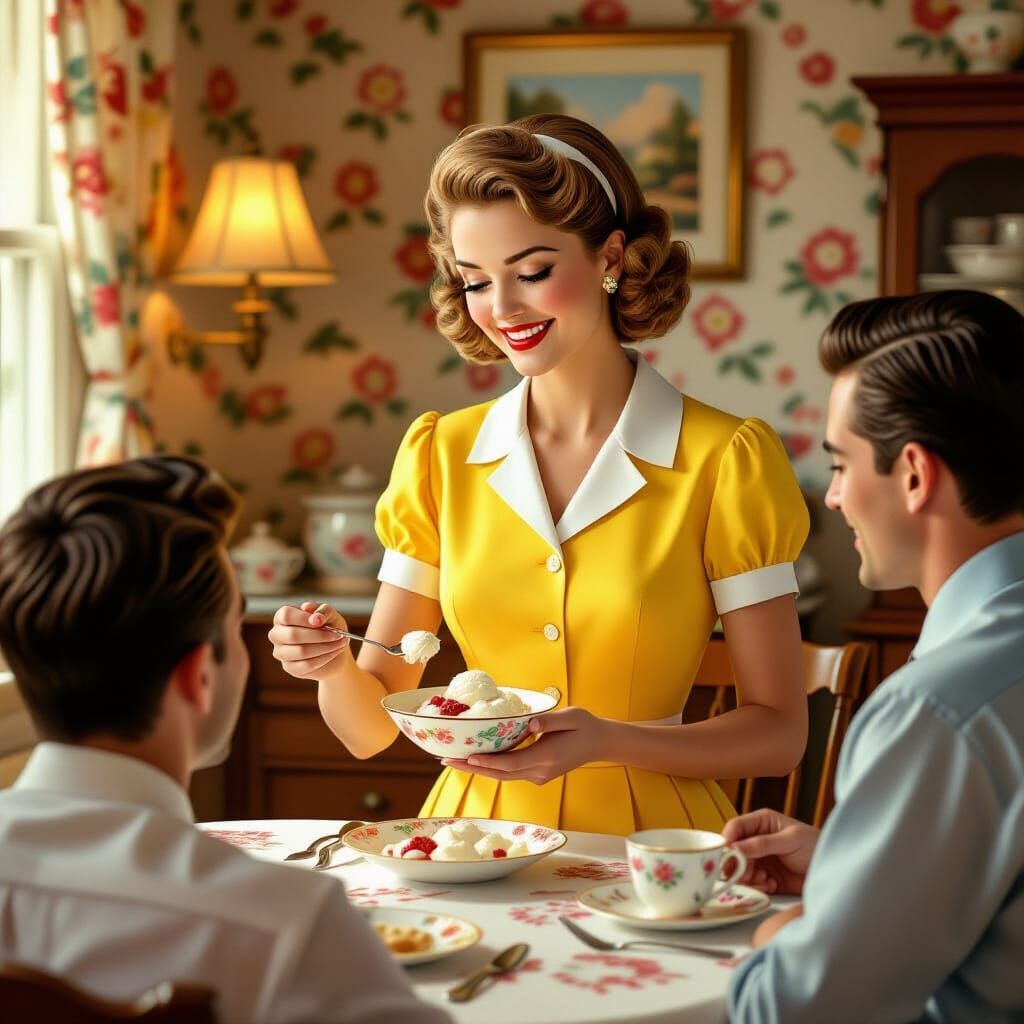 1950s Housewife Serving Ice Cream, Hyperrealistic Digital Ar...