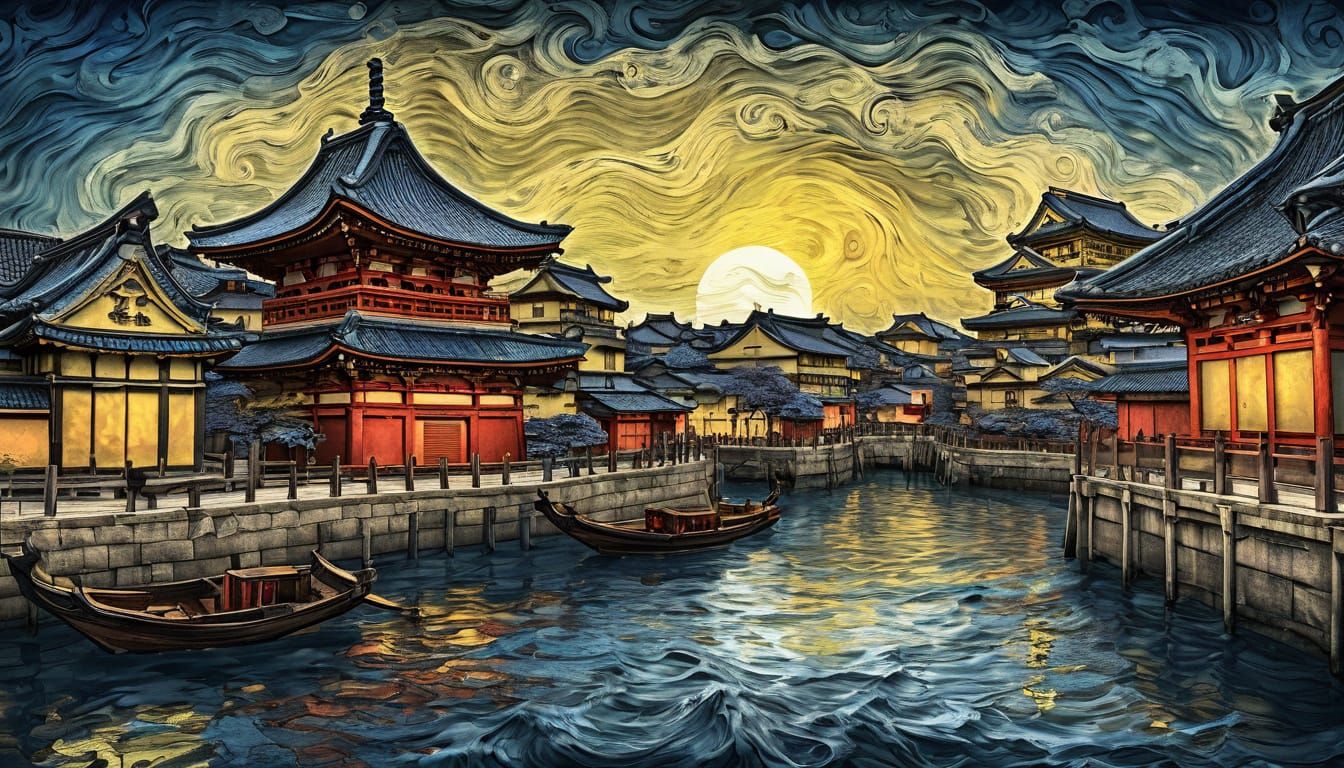 Majestic Twilight Cityscape with Ukiyo-e Waves