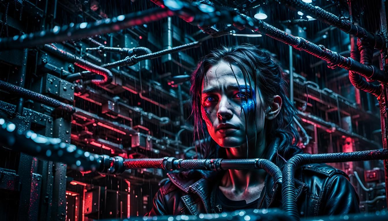 Cyberpunk Face in Rainy Futuristic Alleyway