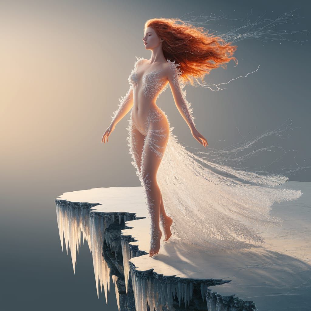 Fire and Ice Woman on Frozen Cliff