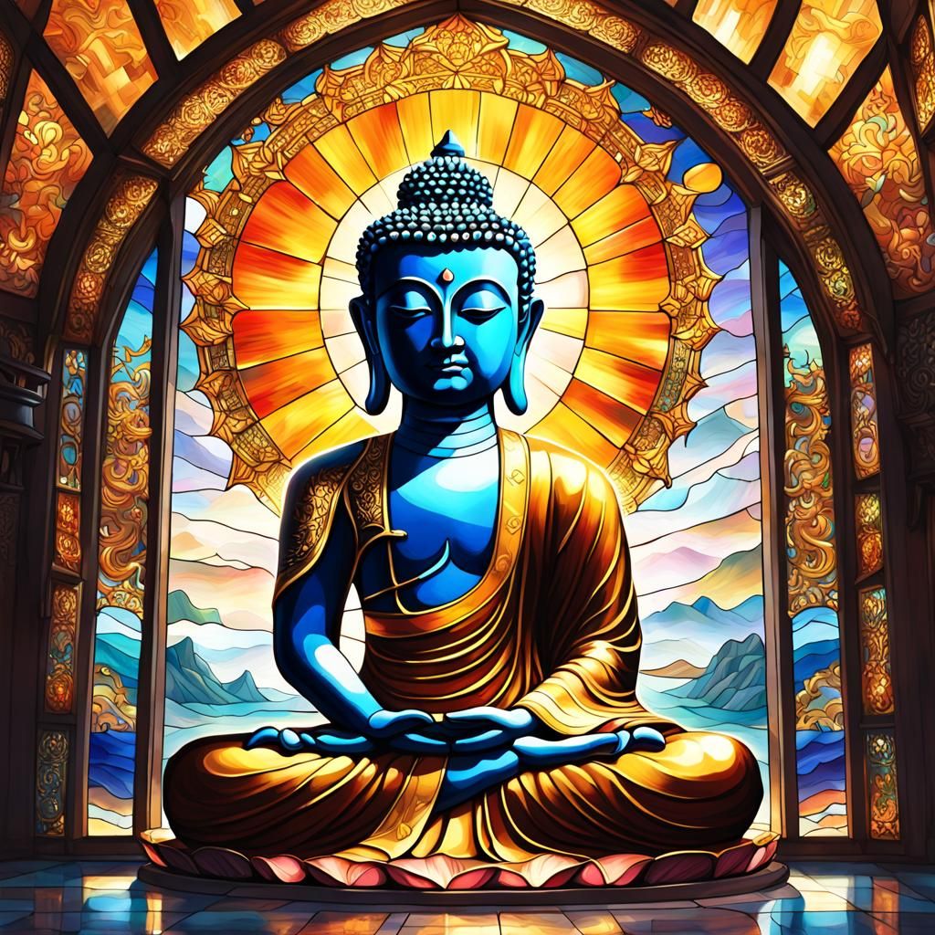 Golden Buddha Meditating in Stained Glass Temple