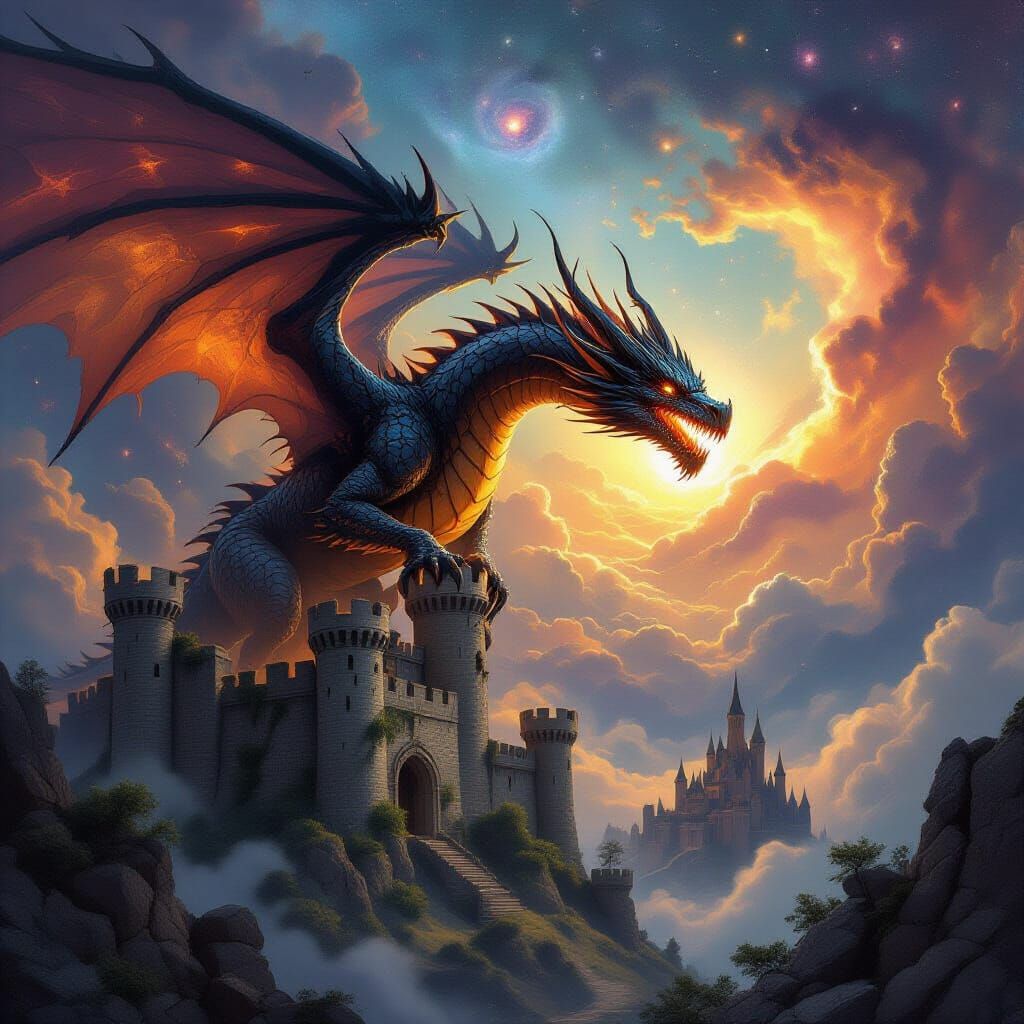Fire Dragon Soaring Over Ruined Castle in Heroic Realism