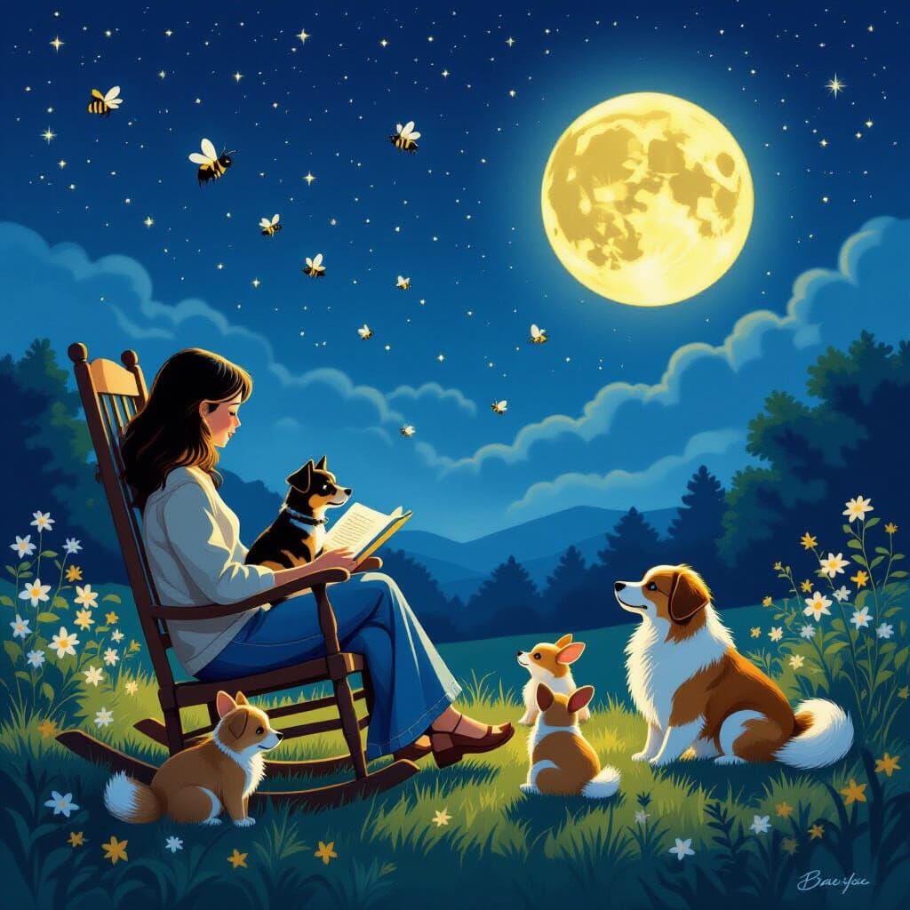Magical Night Scene: Full Moon, Stars, and Listening Animals