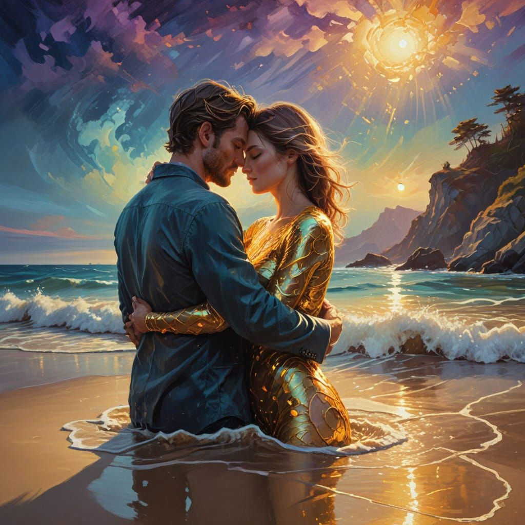 Couple Embracing Under Dark Nebula Sky with Green Sea Glow