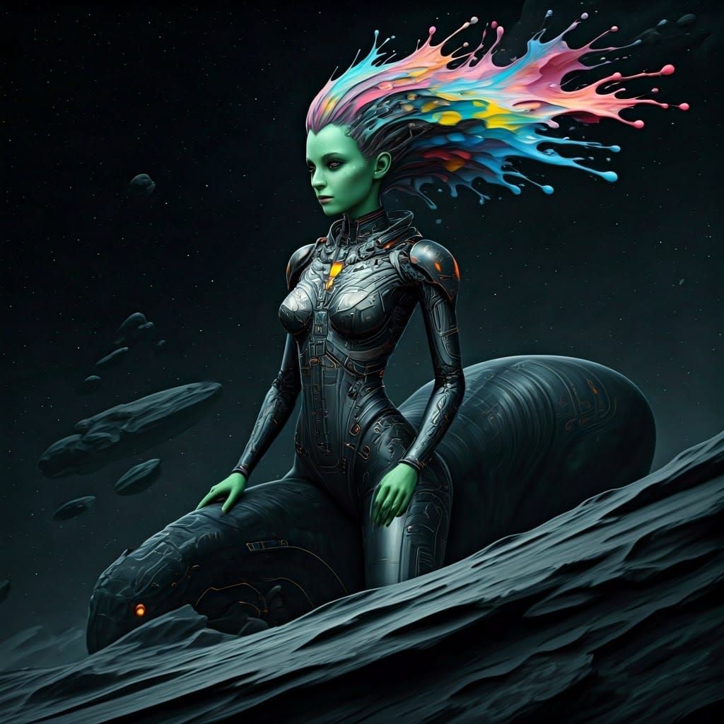 Alien Centaur Rider on Asteroid in Biomechanical Art Deco St...