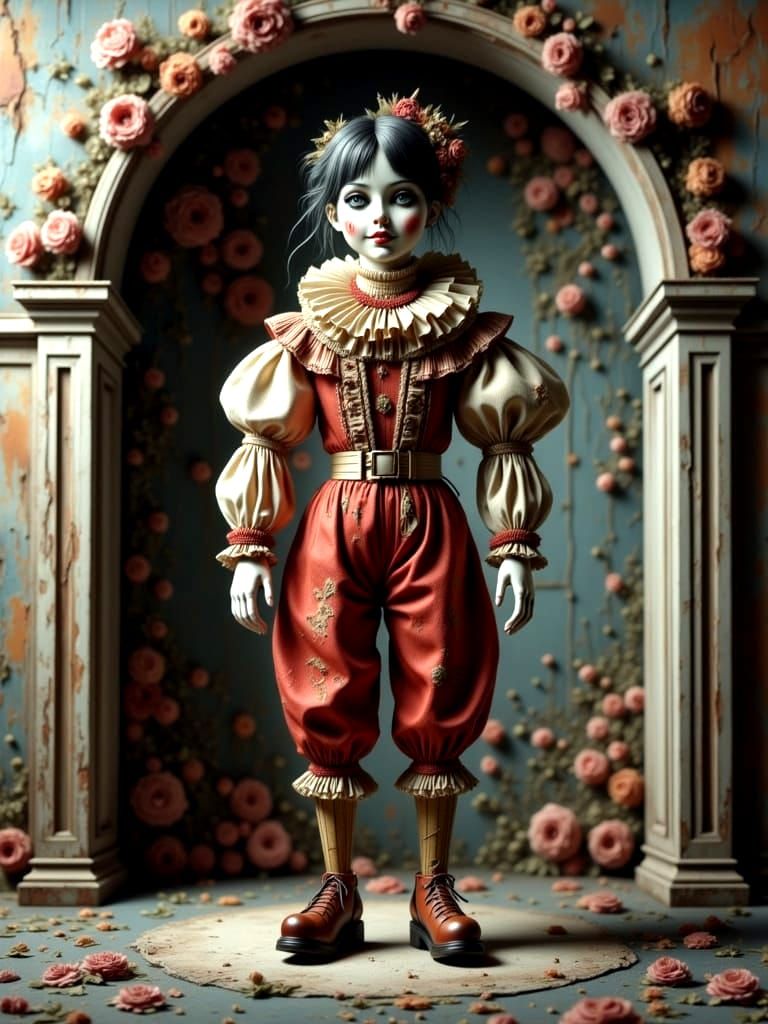Ethereal Circus Clown Doll in a Haunting, Surreal Setting