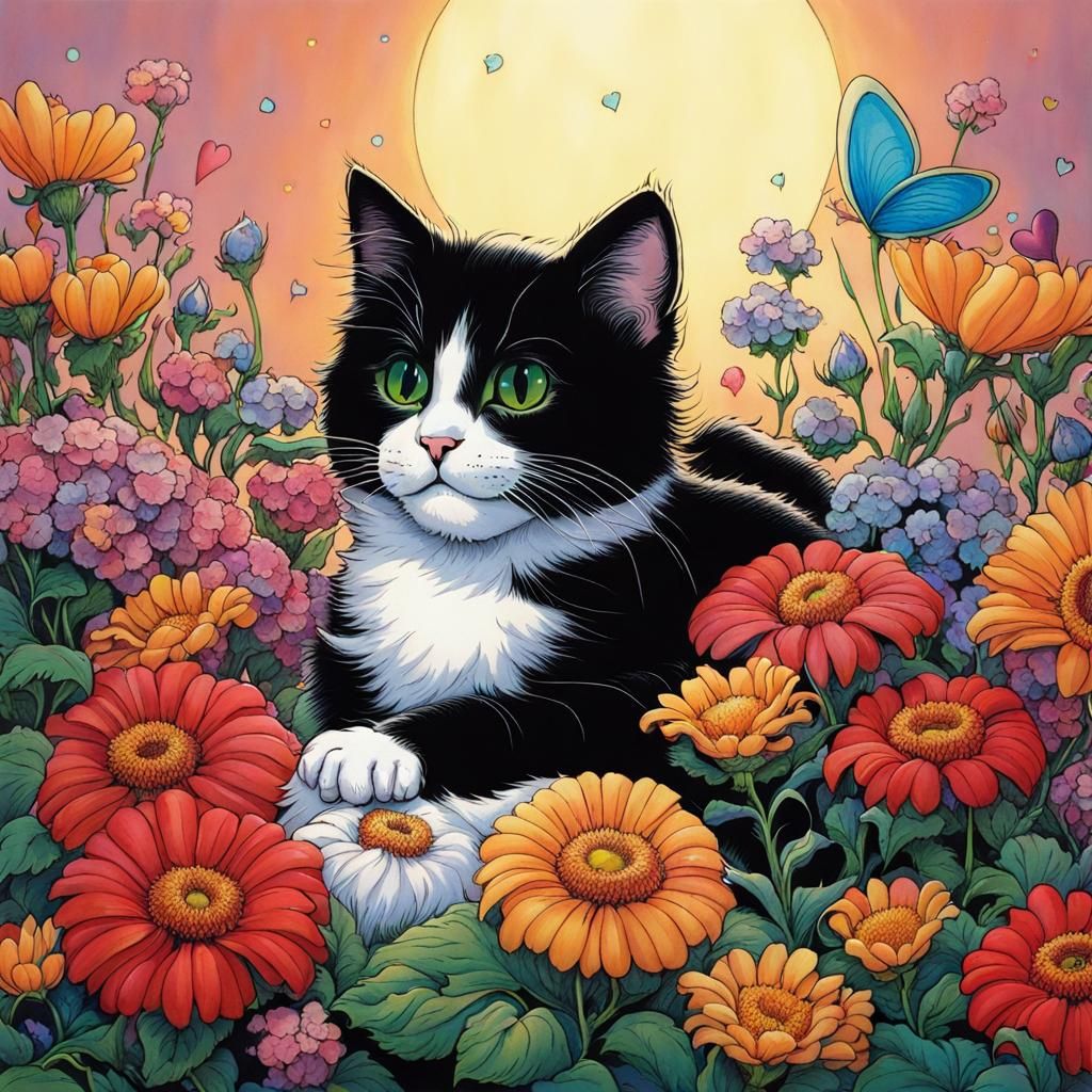 Cat on Pillow with Flowers in Comic Book Style
