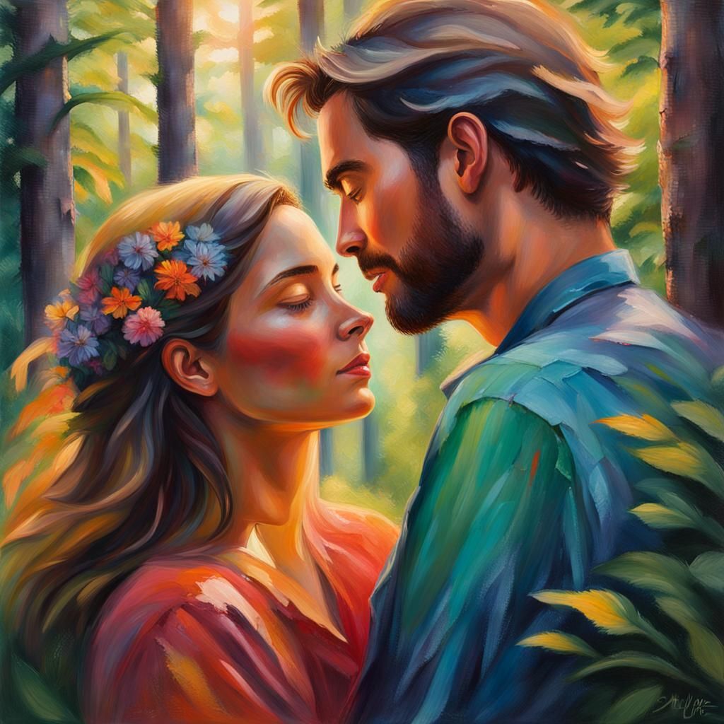 Romantic Couple Embrace in Lush Forest, as Oil Painting