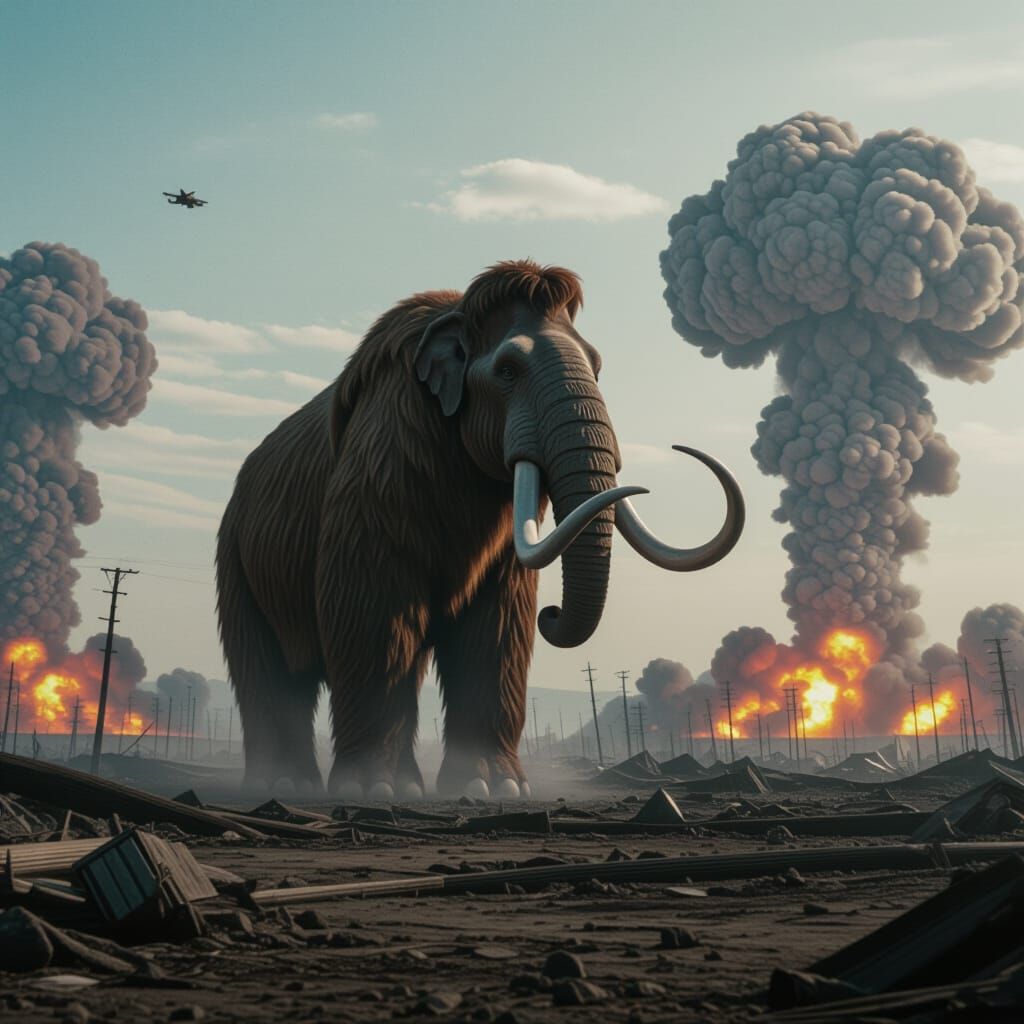 A woolly mammoth looking down from heaven at earth that is b...