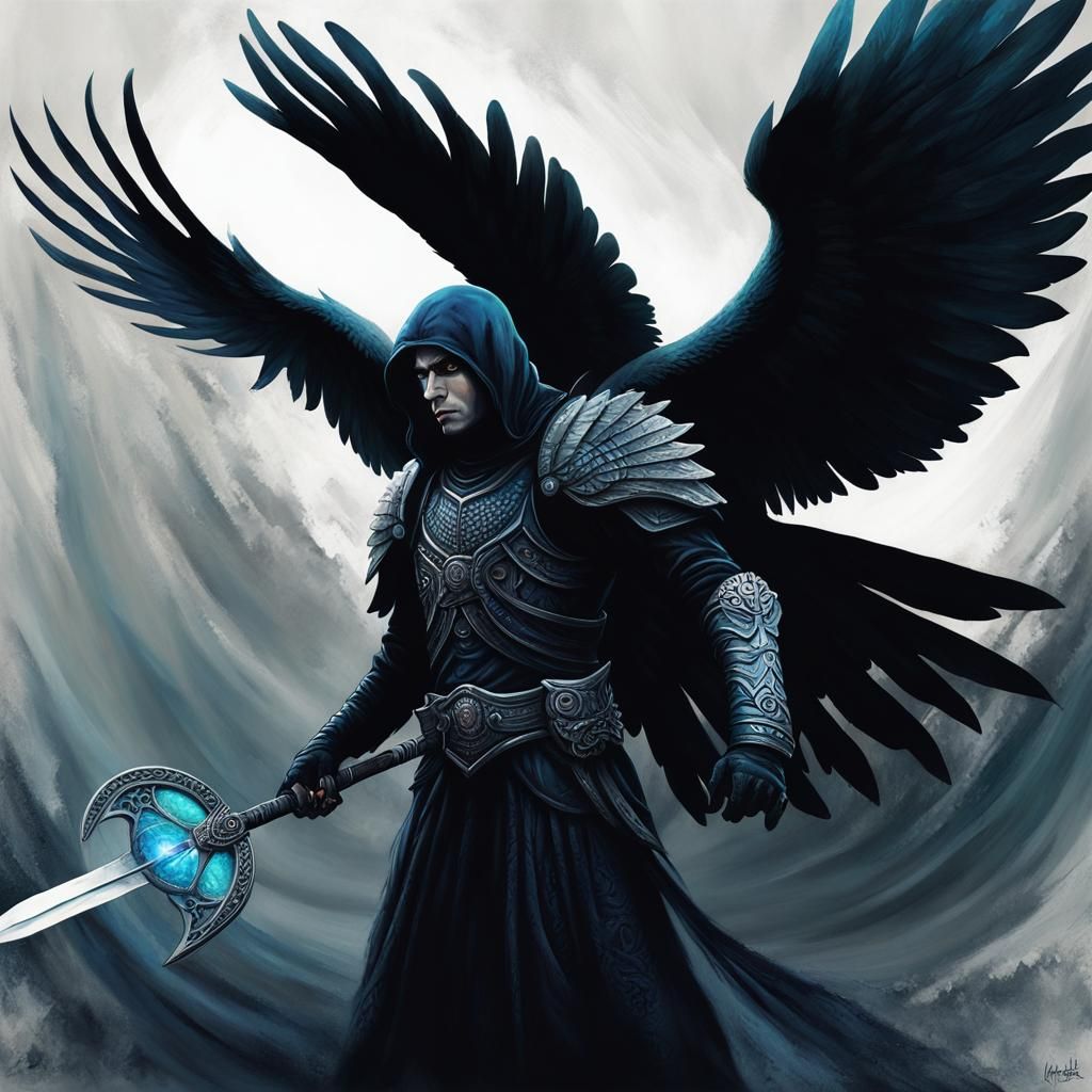 Dark Angel with Sword in Psychedelic Art Style