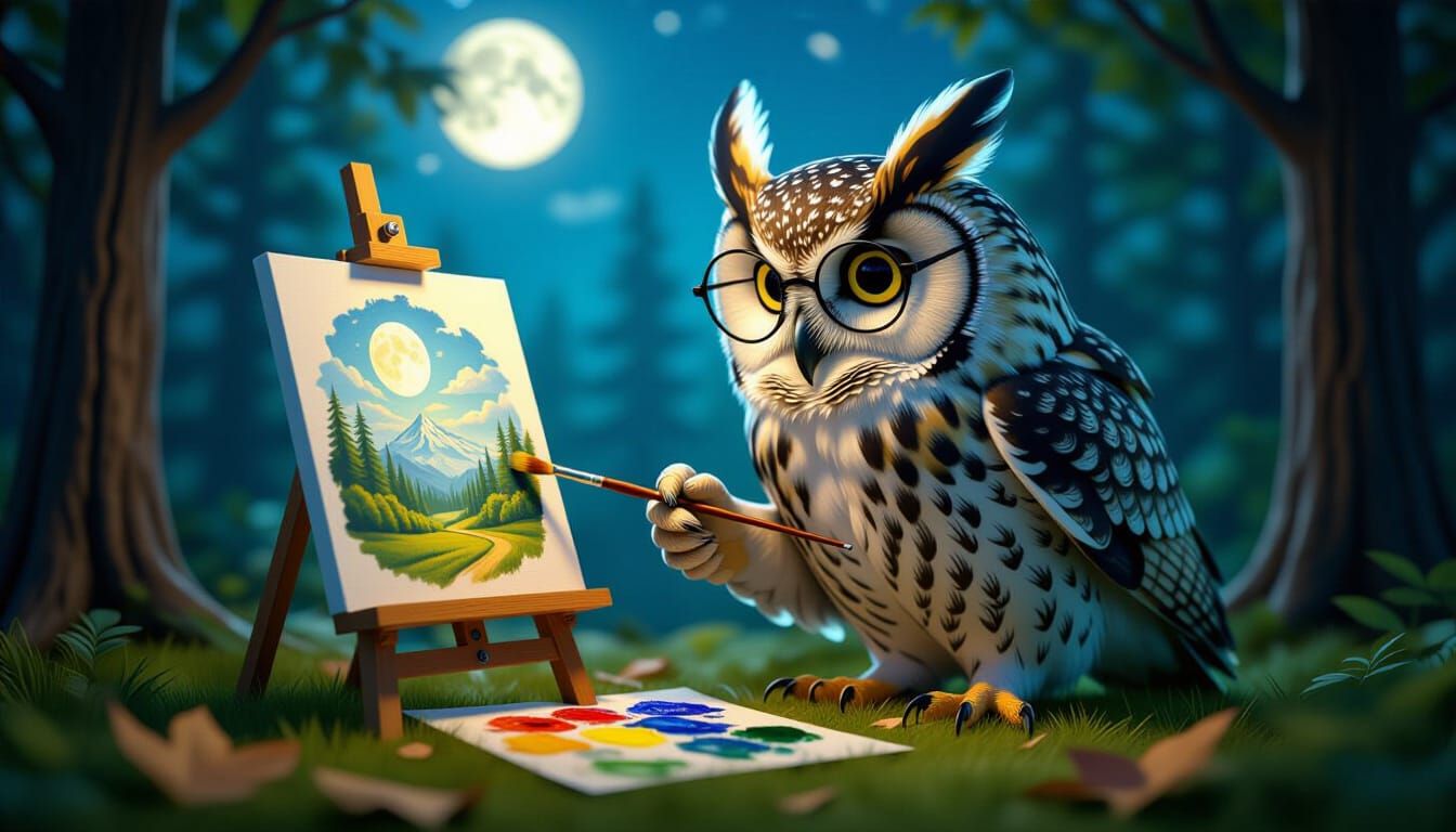 Wise Owl Artist Painting Leaf in Moonlit Forest