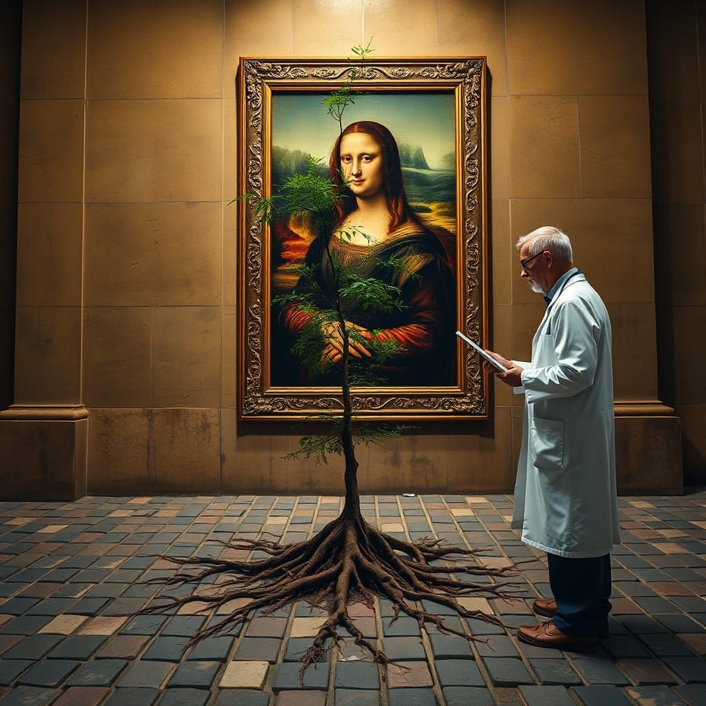 Doctor Examines Tree-Man by Mona Lisa: Hyperrealistic Art
