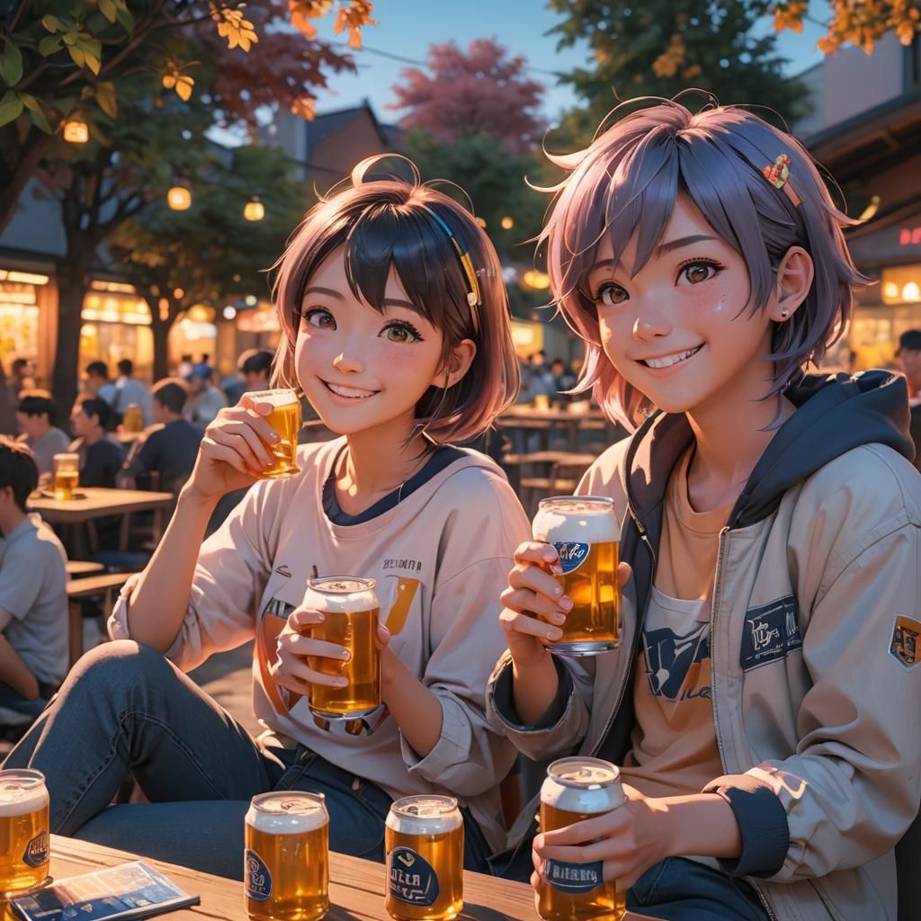 Anime Style Boy and Girl Sharing Beer