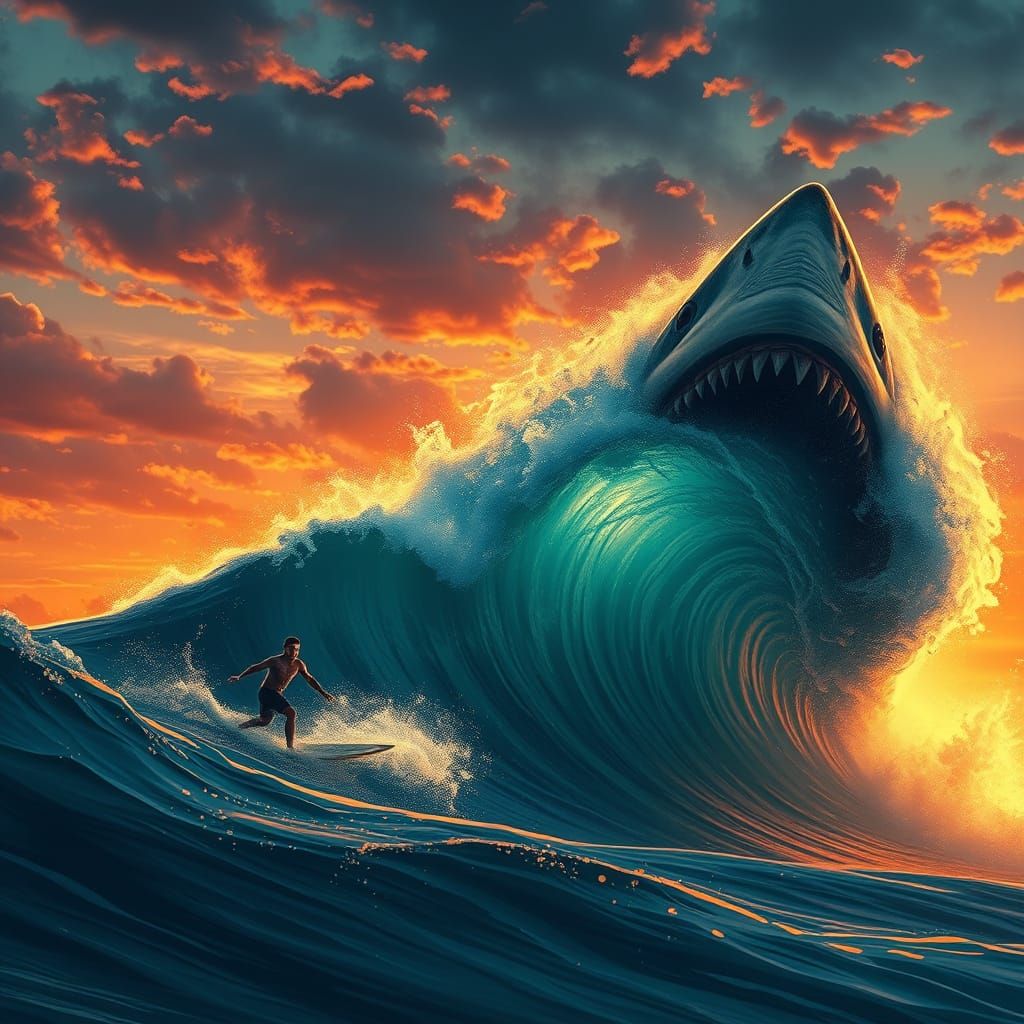 Surfer Battles Colossal Shark at Sunset