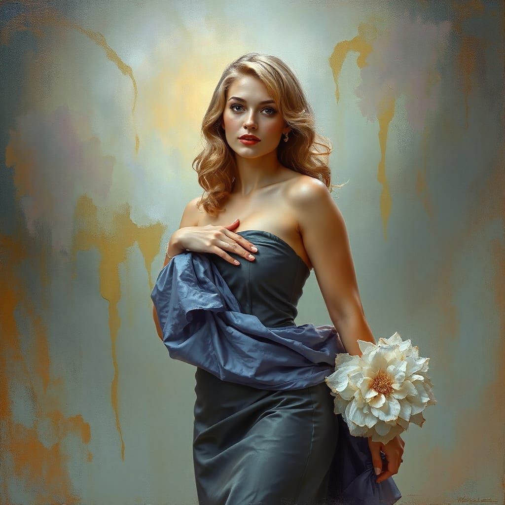 Ethereal 1950s Pin-Up Goddess in Harmonious Oil Painting