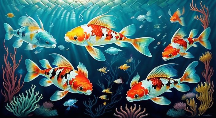 Iridescent Koi Fish Underwater Mosaic Art