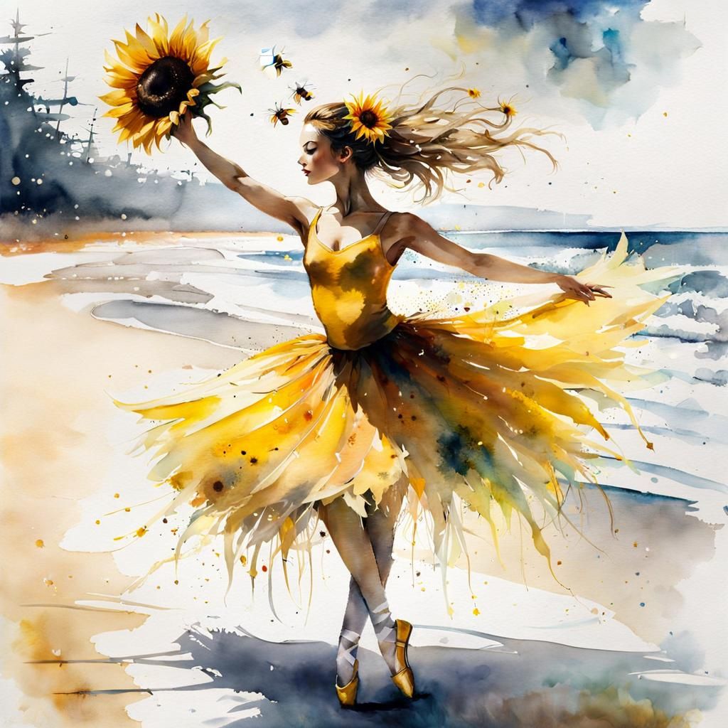 Ballerina Dances on Beach with Sunflower Barrette