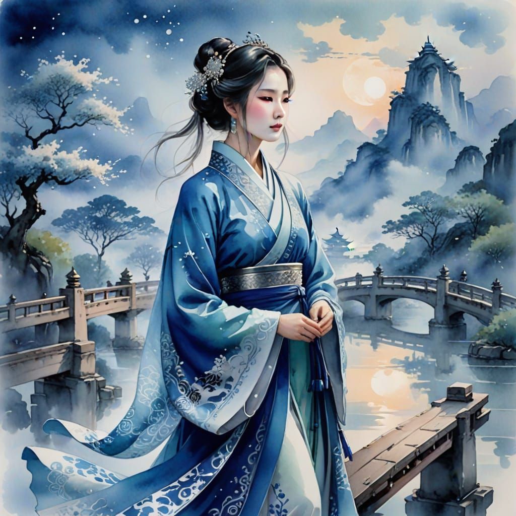 Ethereal Concubine on Cloud Bridge in Chinese Watercolor Sty...