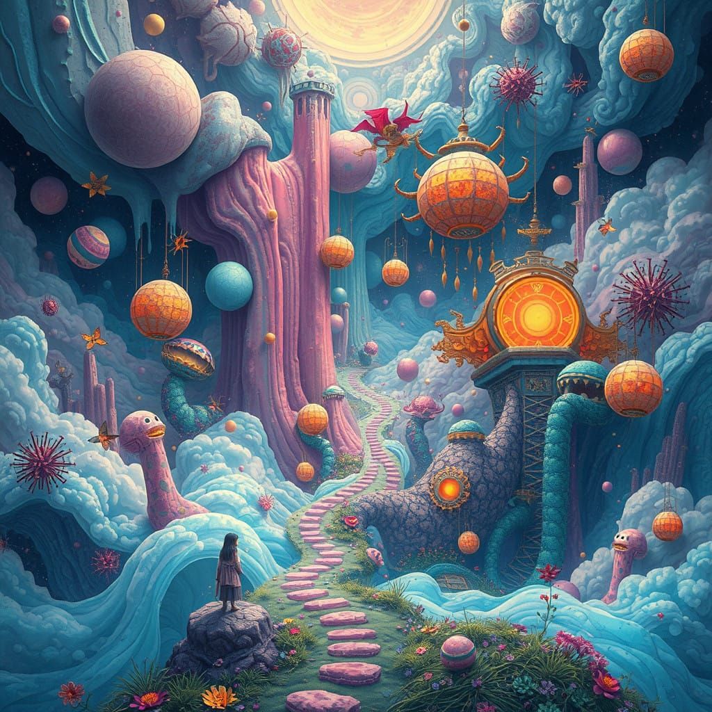 Surrealist Dreamscape in Vibrant, Ethereal Tapestry