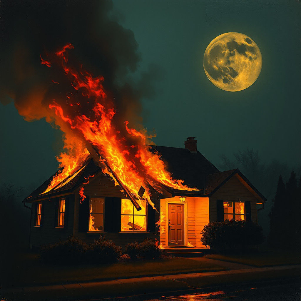 Inferno Engulfs Suburban Home in Expressionist Style