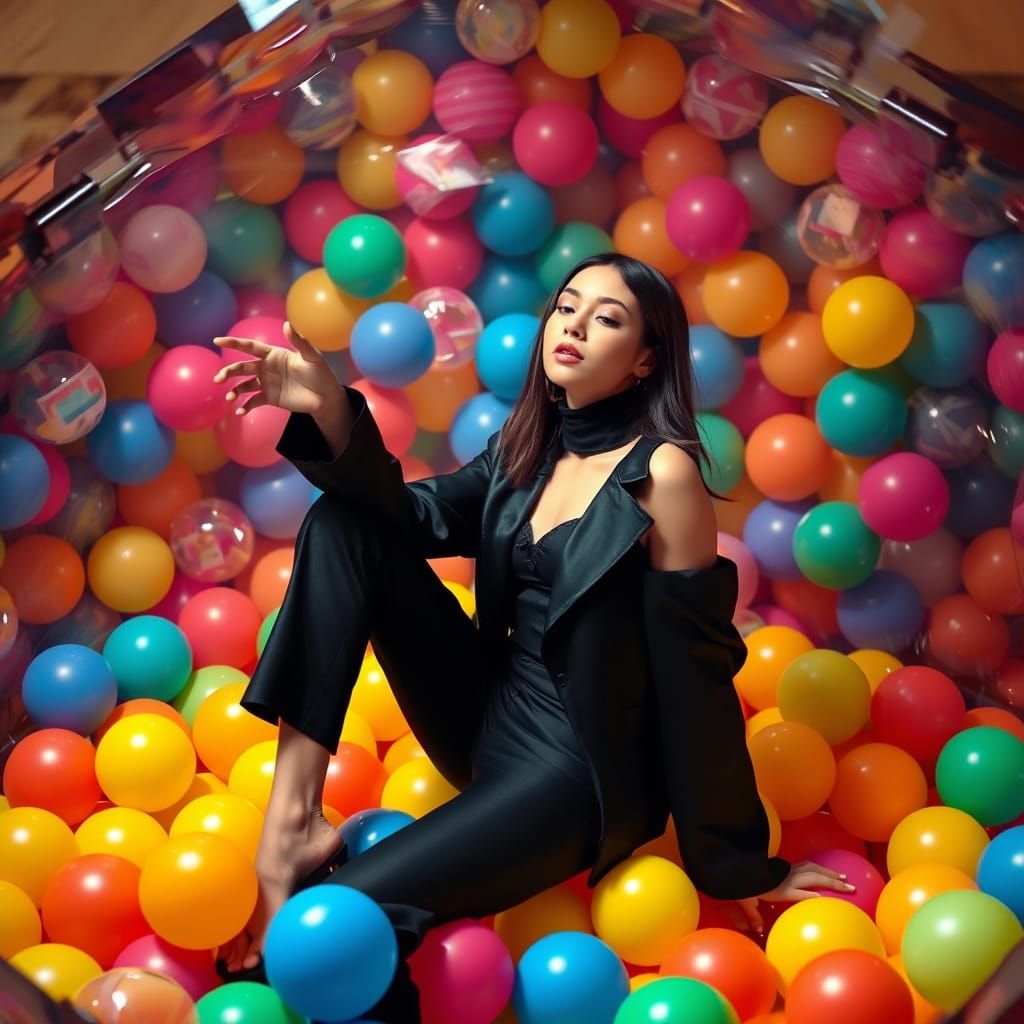 Fashion Model in a Colorful Ball Pit