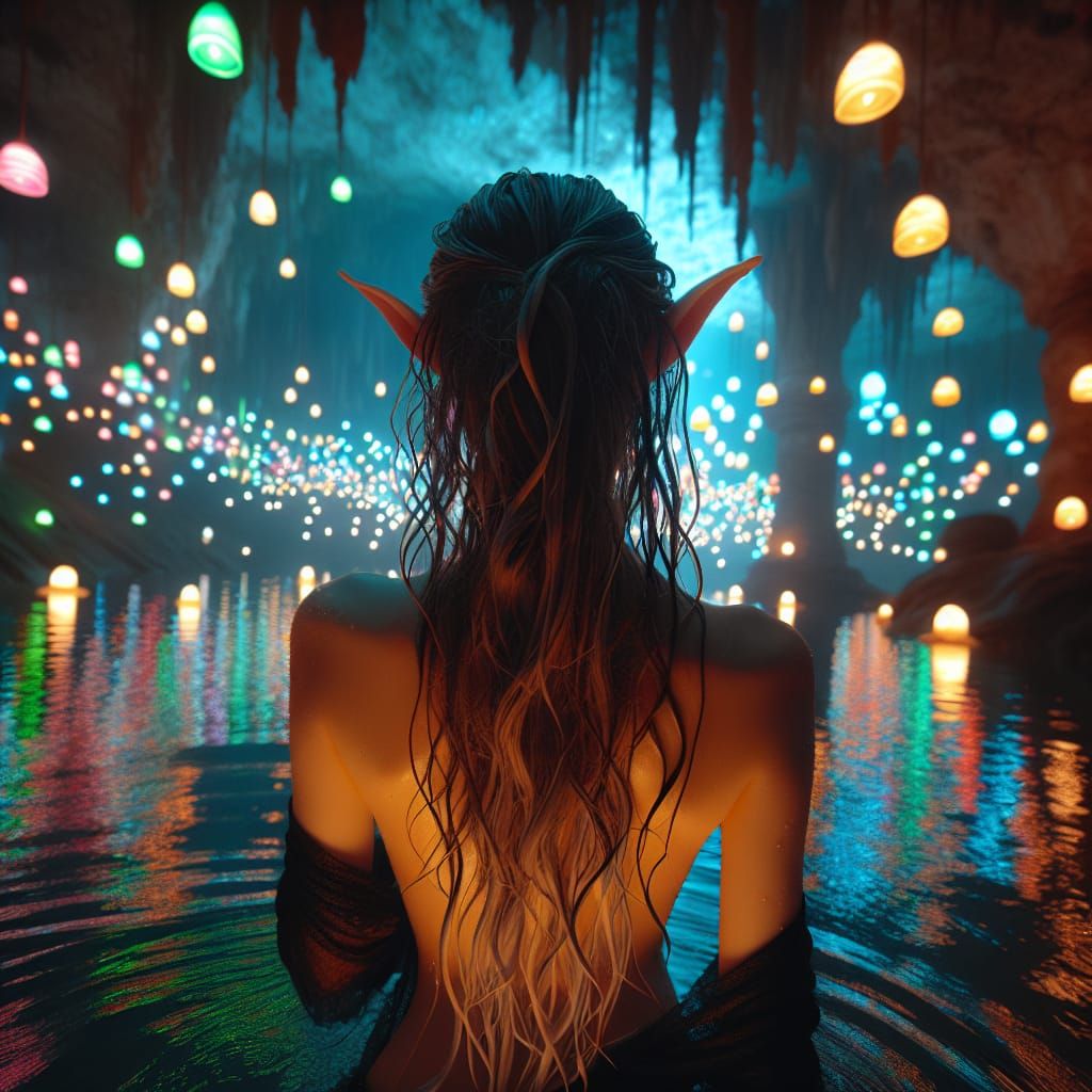 Enchanting Elf Bathes in Glowing Underground Lake