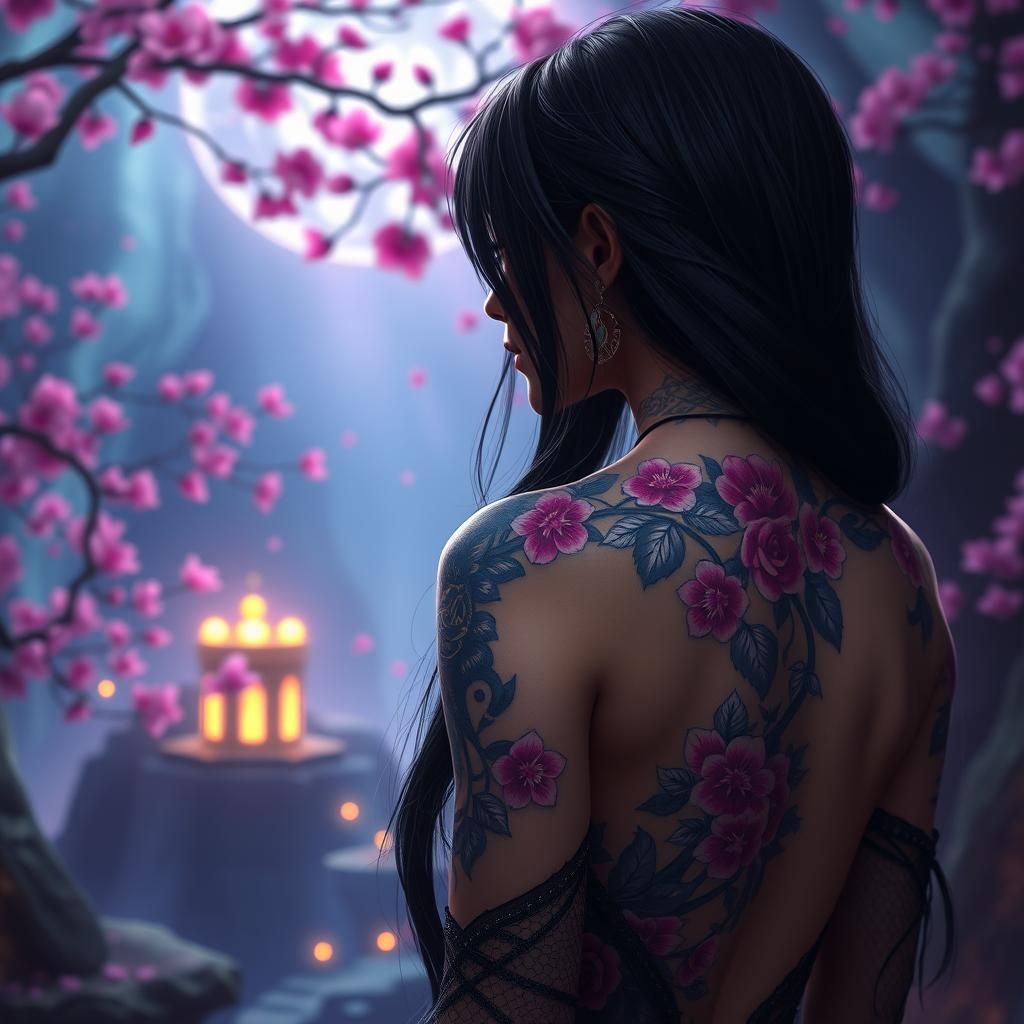 Goth Girl with Cherry Blossom Tattoo in Fantasy Art