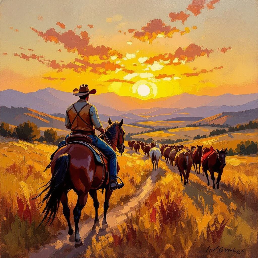 Cowboy Sunset in Sierra Nevada: Impasto Oil Painting