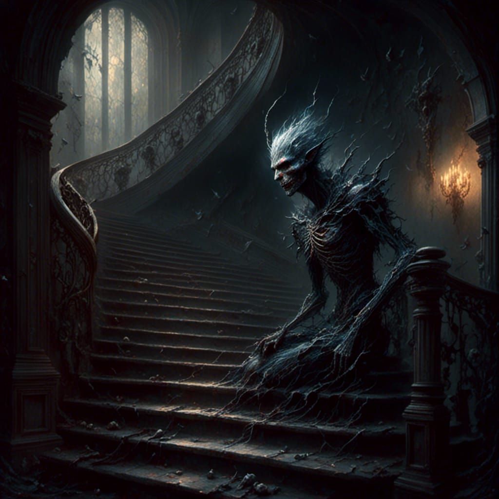 Creepy Demon in Mansion Foyer, Sinister Art