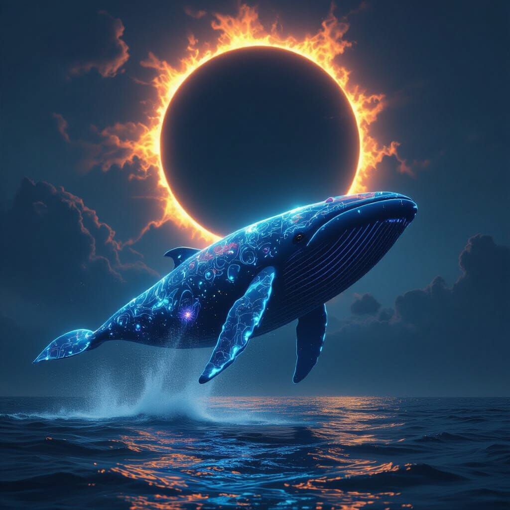 Glowing Whale Leaps During Solar Eclipse in Sci-Fi Style
