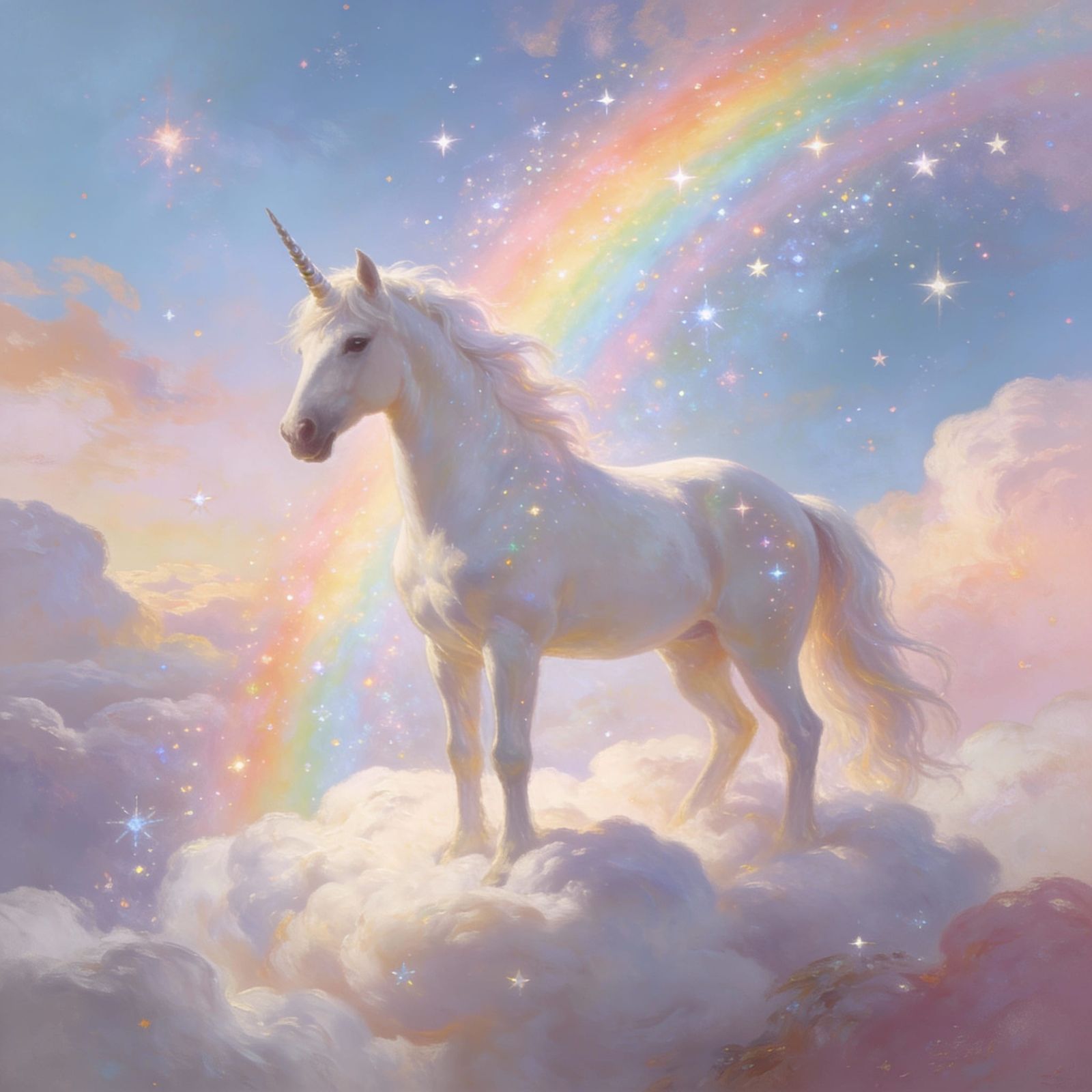 Majestic Unicorn on Clouds with Rainbows and Stars
