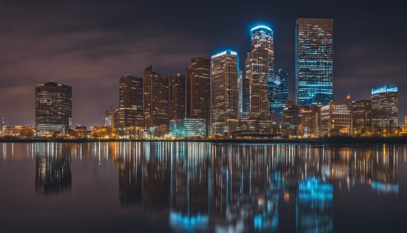 Detroit Skyline at Night: Hyperrealistic Futuristic View