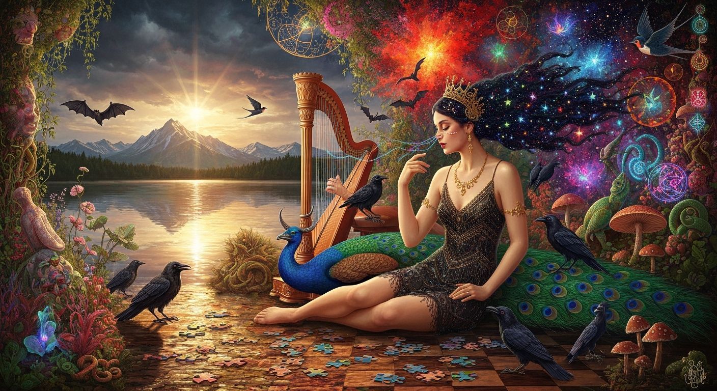 Woman in Surreal Eco-Art Garden with Cosmic Elements