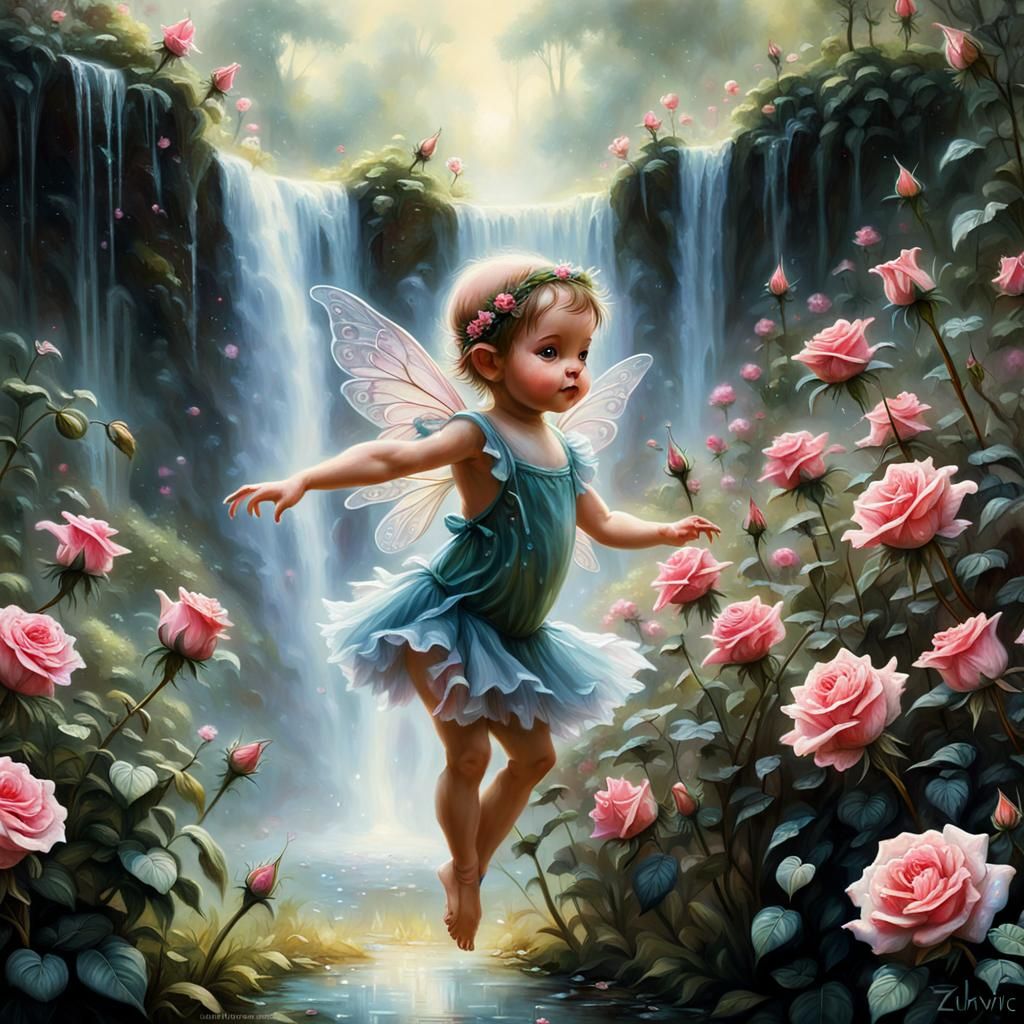 Baby Fairy Dances Among Rose Blossoms in Garden