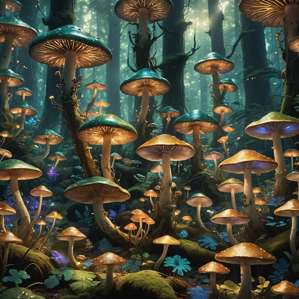 Glowing Mushrooms in Mystical Forest, Fantasy Art
