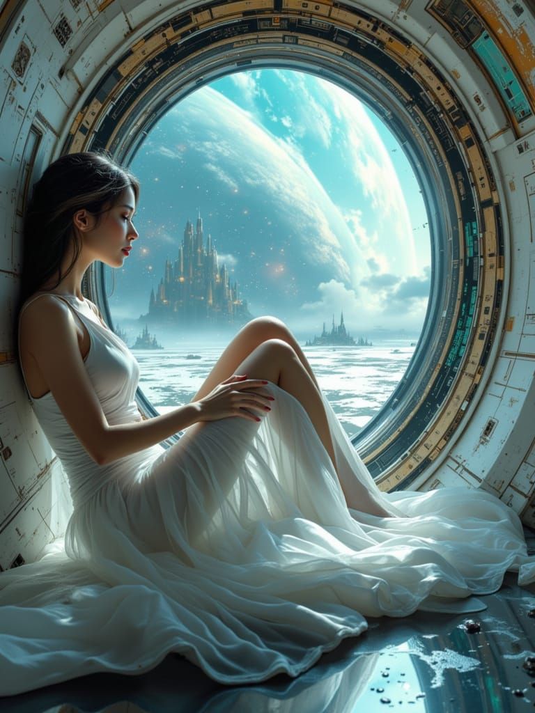 Futuristic Woman in Spaceship Gazing at Stars