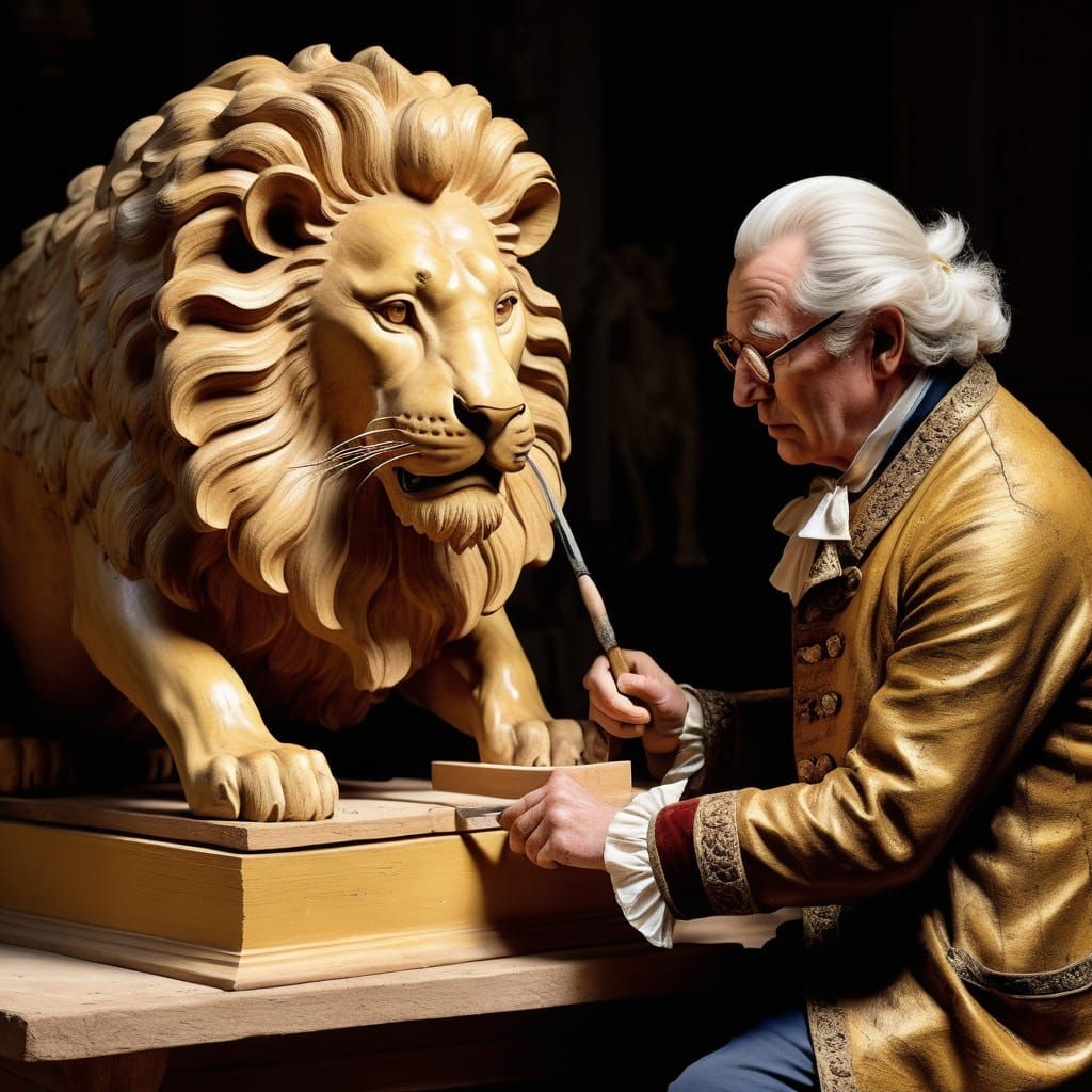 Woodcarver's Intense Focus in 18th Century Workshop