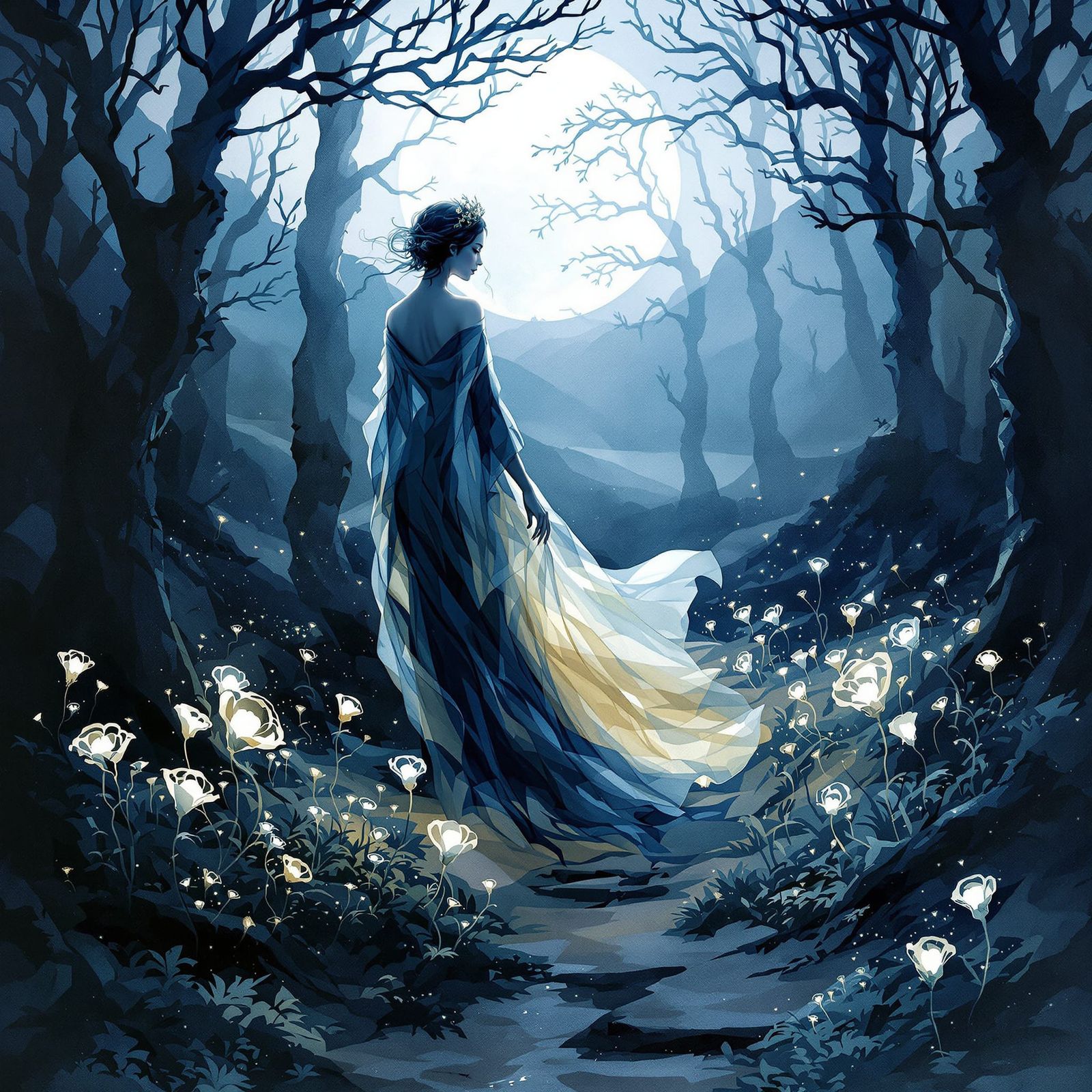 Ethereal Woman in Moonlit Forest, Watercolor and Ink