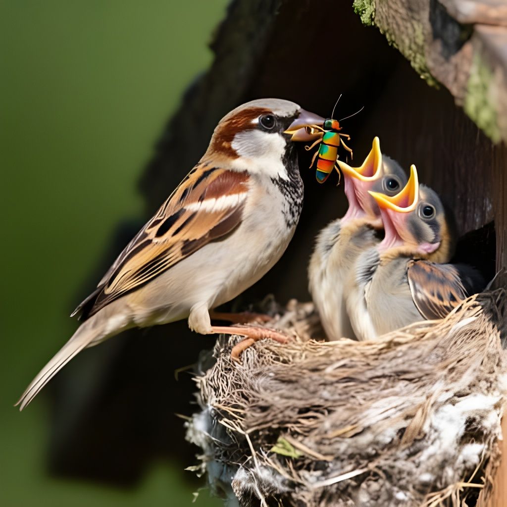 Sparrow Feeding Chicks in Nest: Wildlife Photography