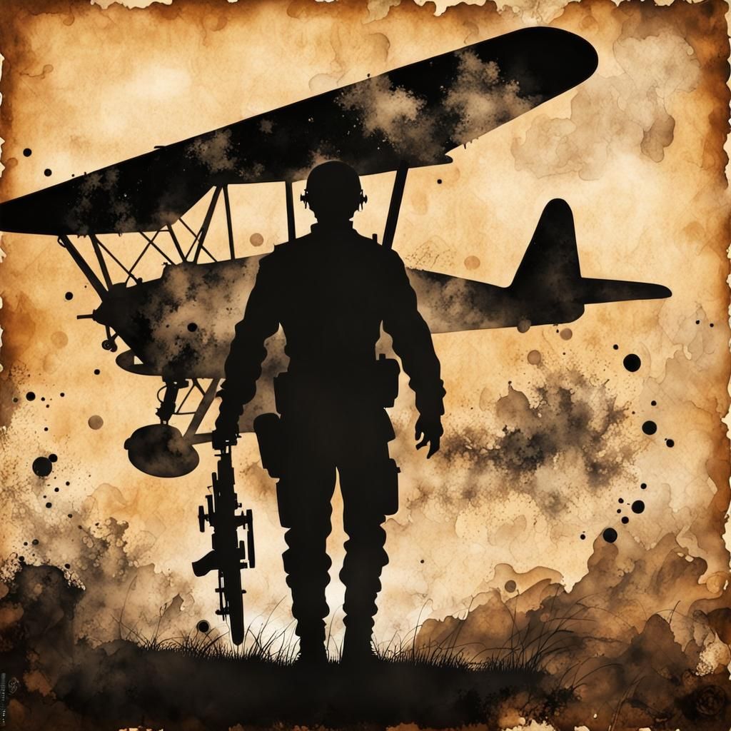 Steampunk Soldier Silhouette in Ink Painting Style