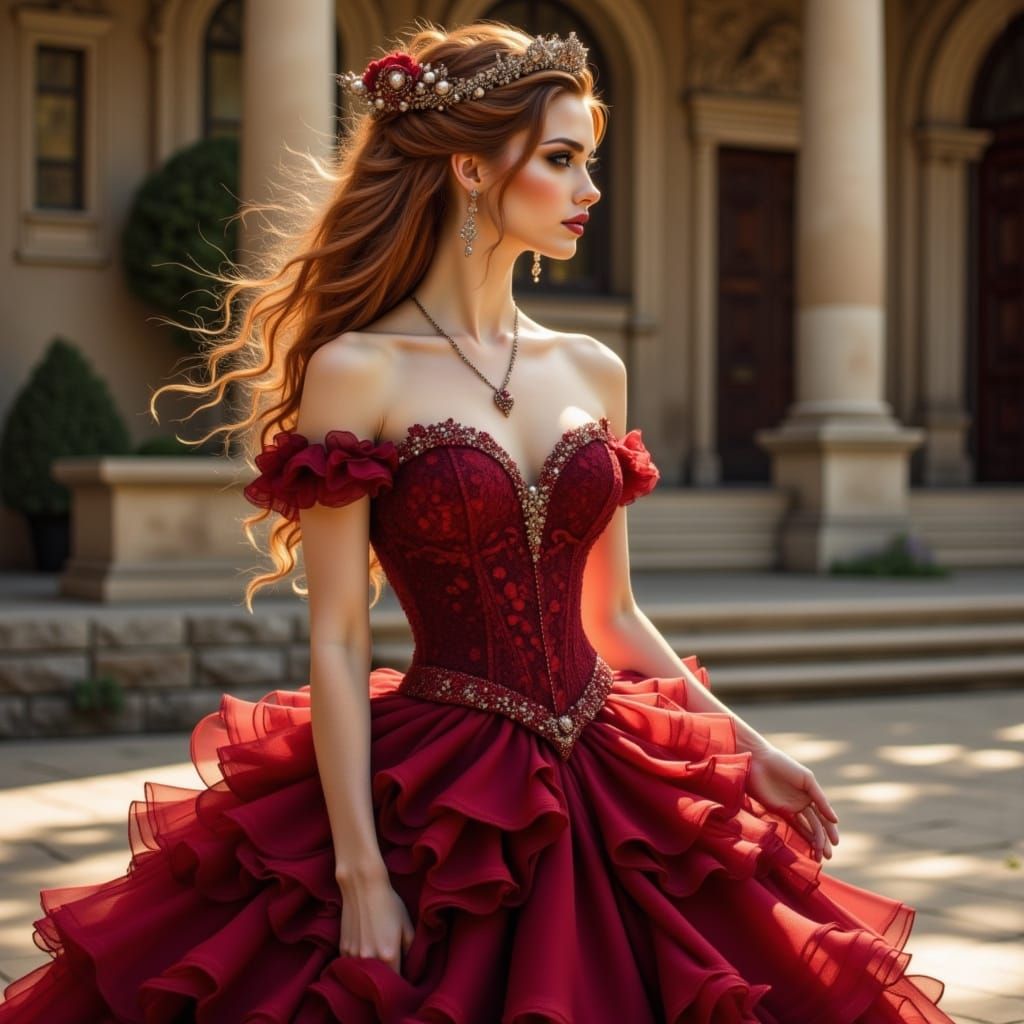 Elegant Princess in Red Gown with Flower Crown