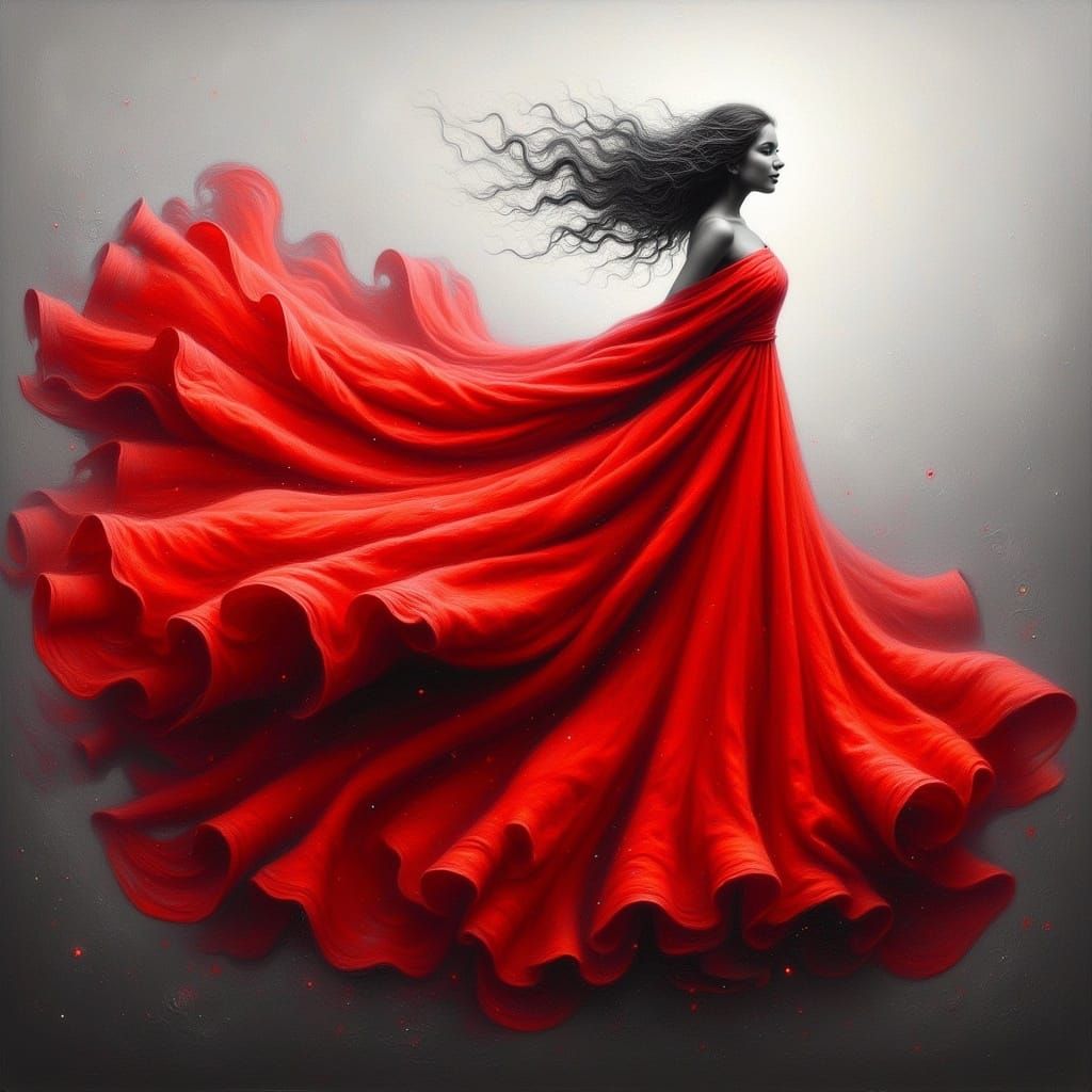 Sensual Goddess Radiates Energy in Fiery Crimson Gown