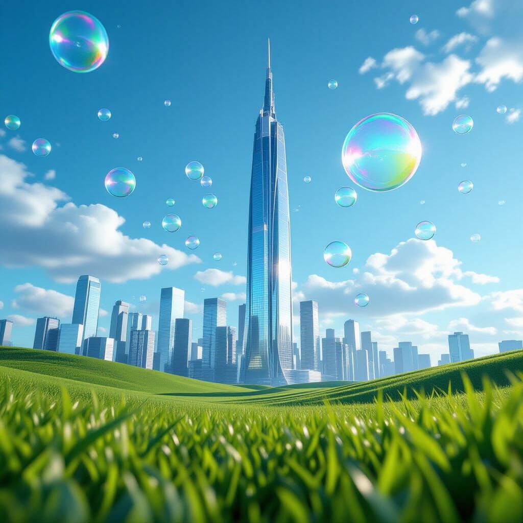 Frutiger Aero Skyscraper Amidst Bubbles and Green Landscape
