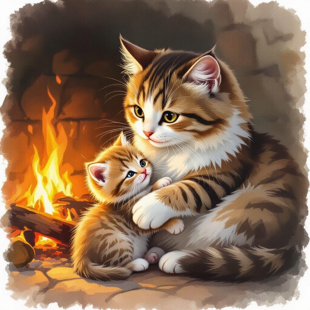 Mother Cat Cradles Kitten Near Fireplace