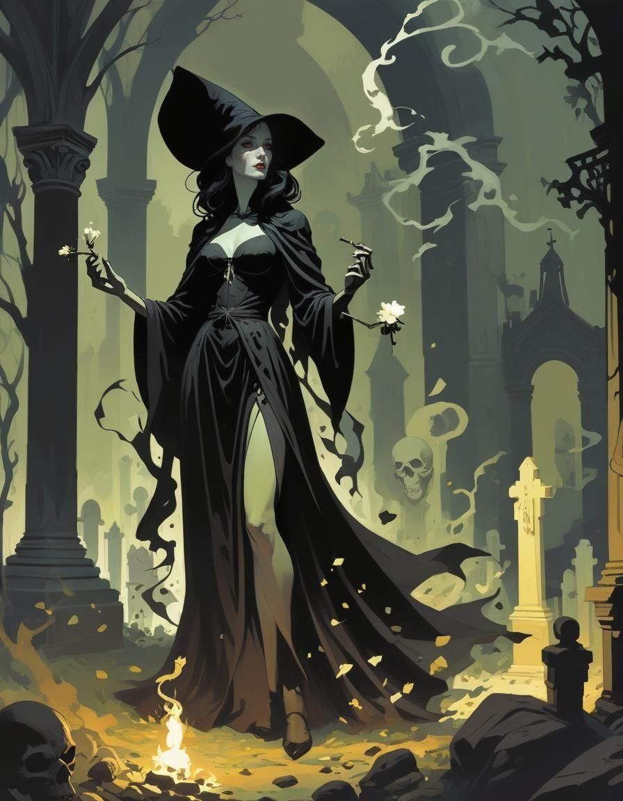 Witch in Graveyard with Neon Skulls