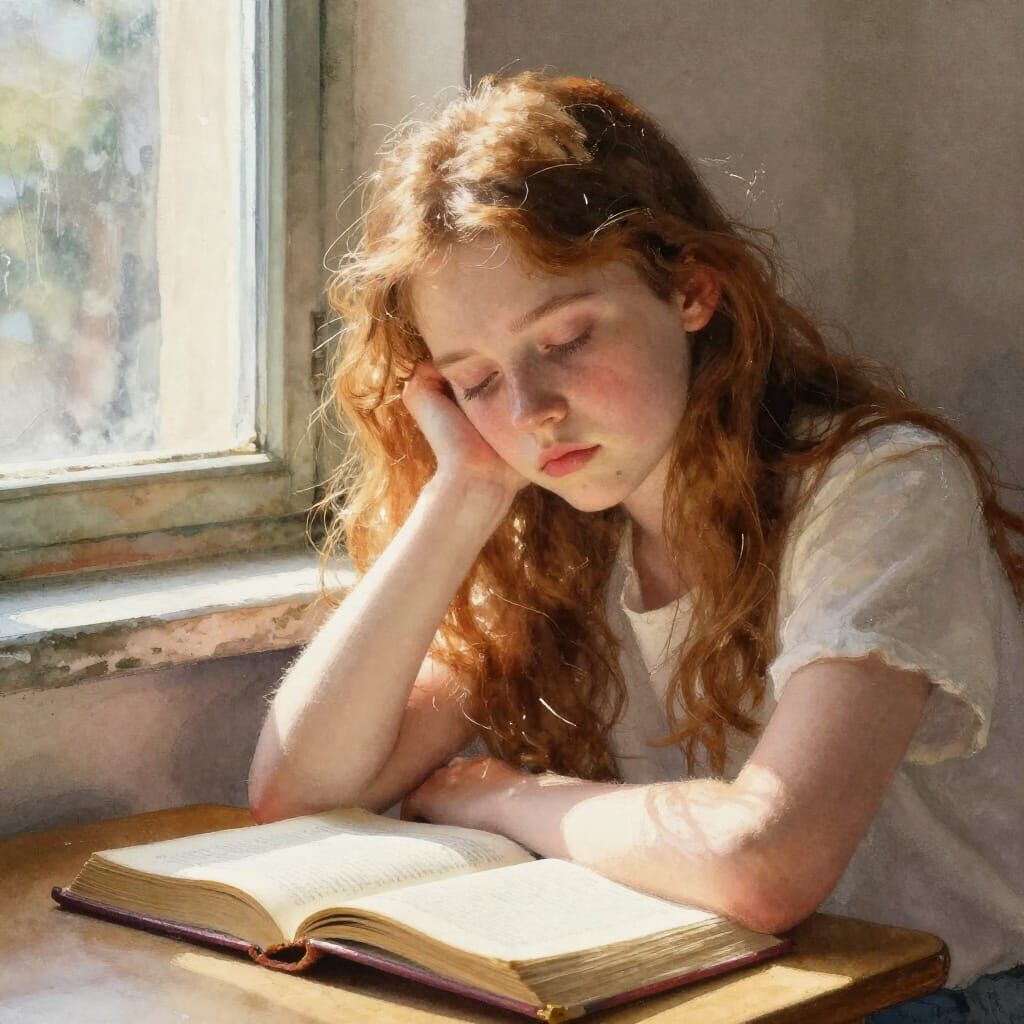 Watercolor Portrait of a Dreaming Teenage Girl Studying