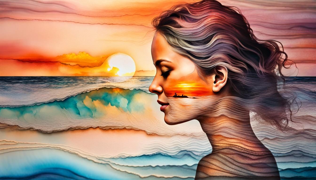 Beach Sunset Double Exposure in Alcohol Ink Style