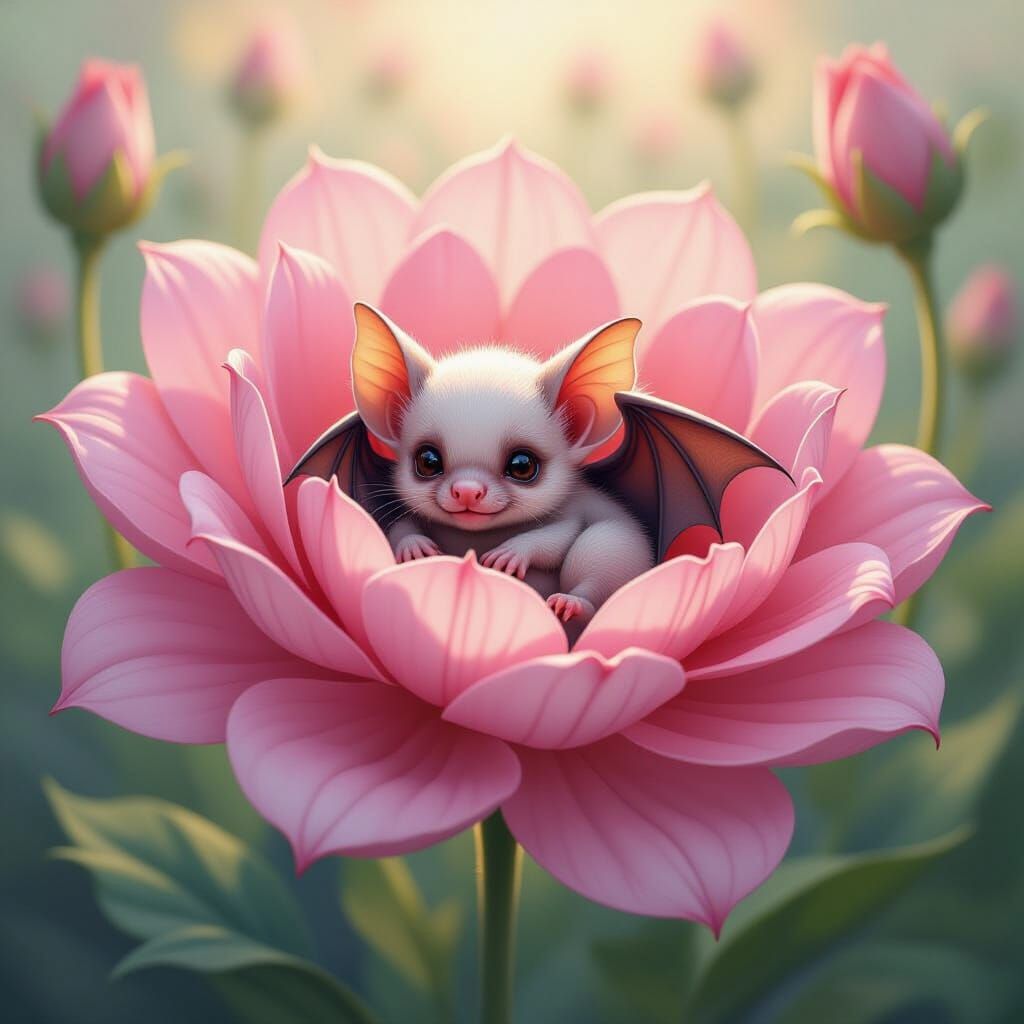 Baby Bat in Giant Pink Flower Oil Painting